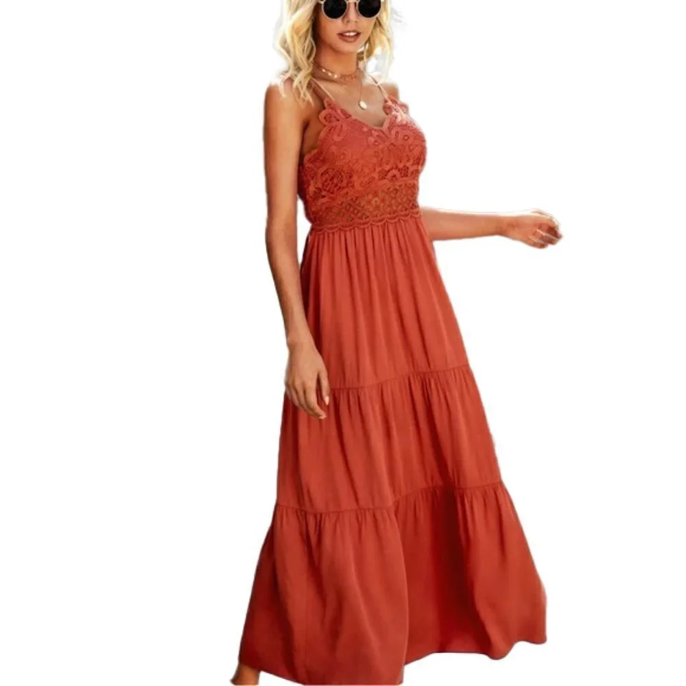 🆕 Dokuritu Women's Beach Crochet Lace Maxi Dress vacation dress Size L